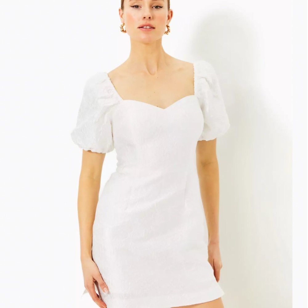 White flower print embroidered mini dress